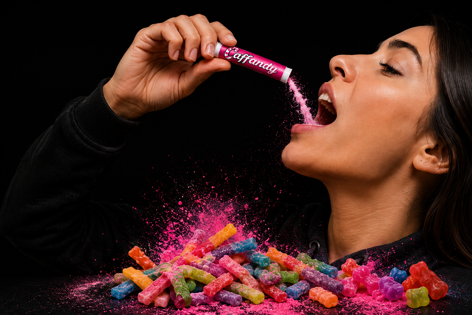 Person pouring CAFFANDY powder directly from a tube into their mouth