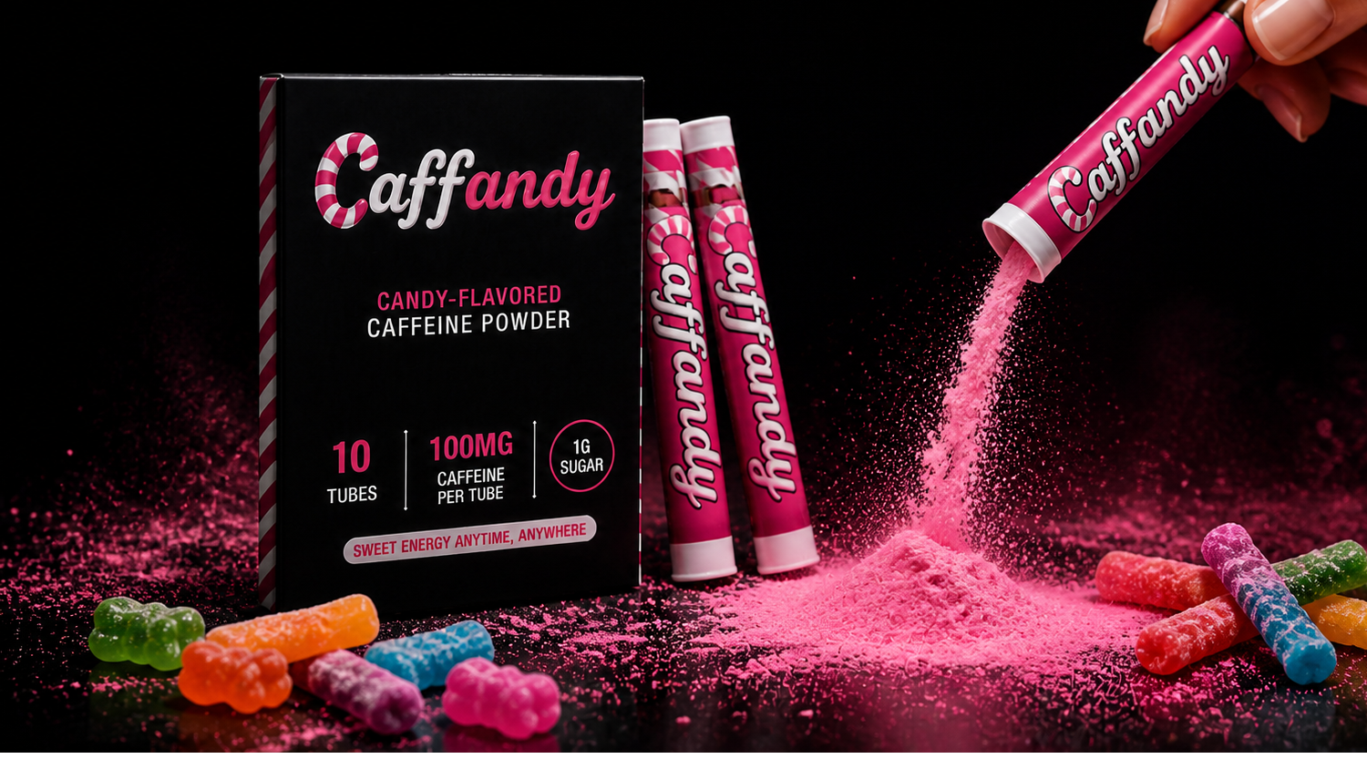 CAFFANDY pre-order carton with caffeine tubes and pink candy powder