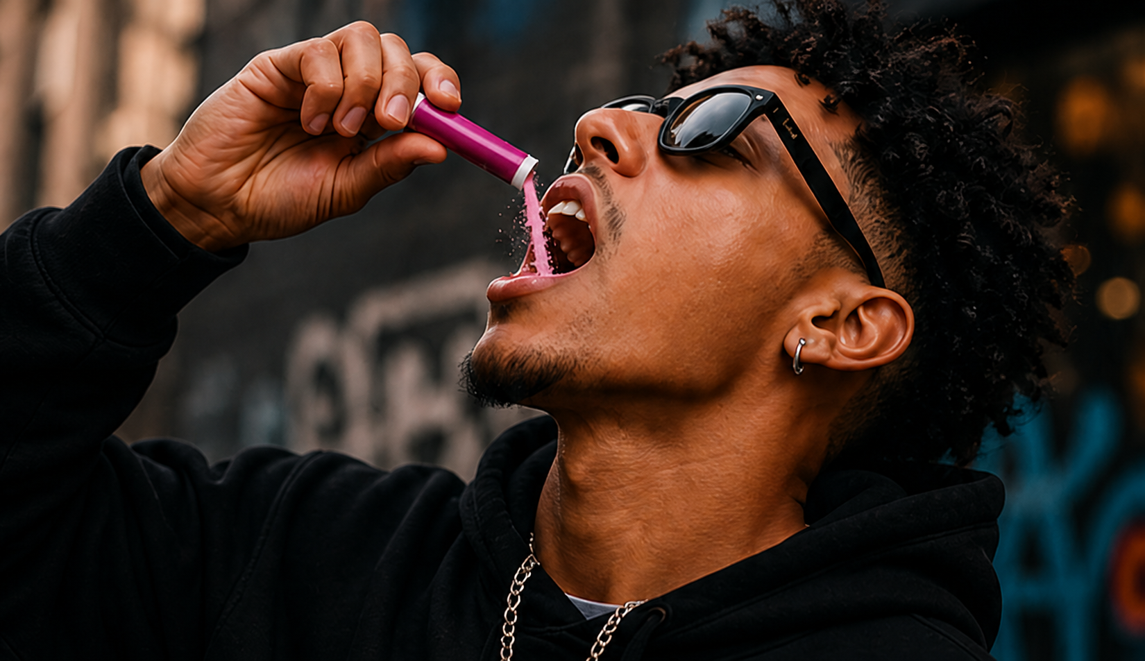 Person pouring CAFFANDY powder directly into their mouth