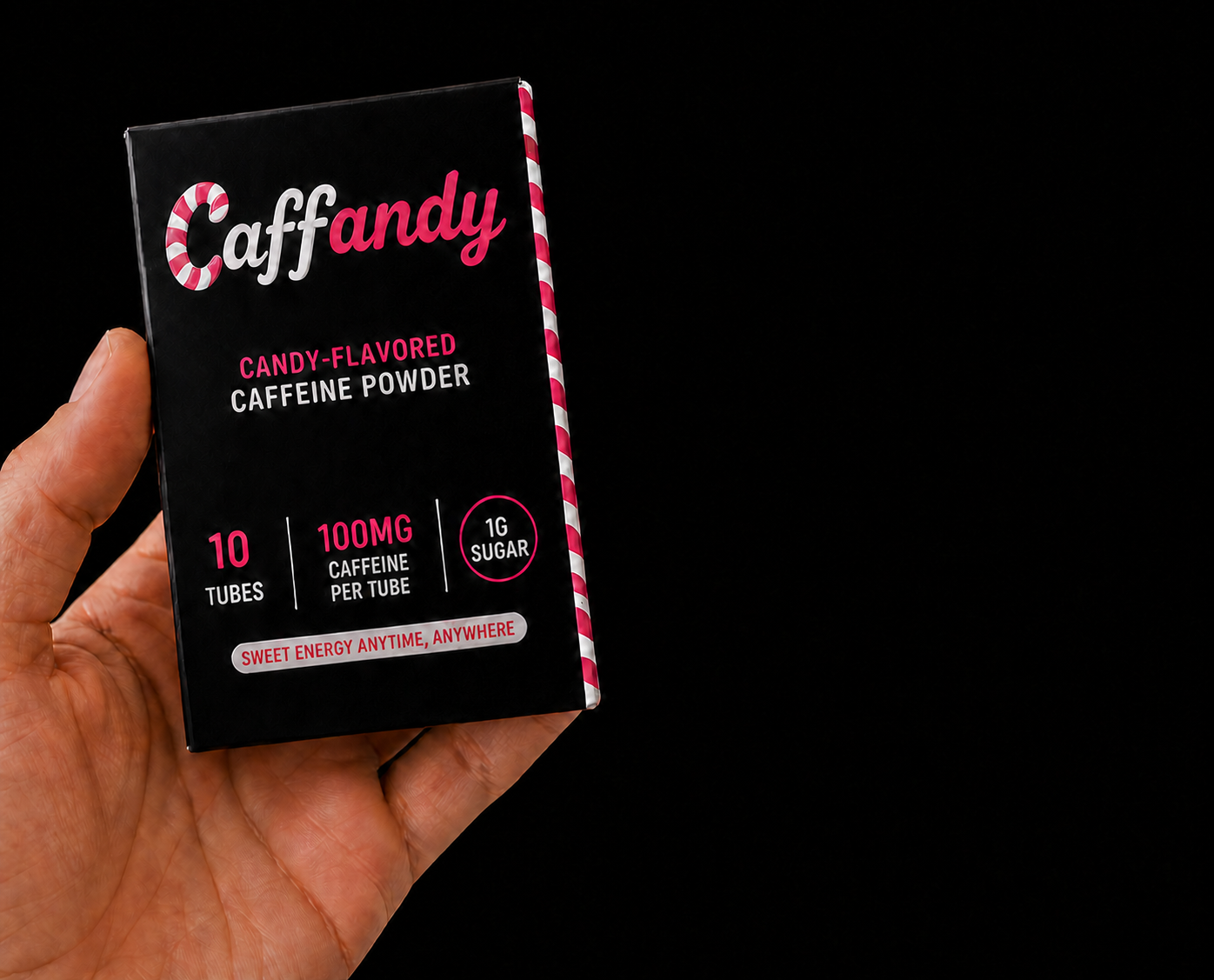 Hand holding a slim CAFFANDY pocket carton